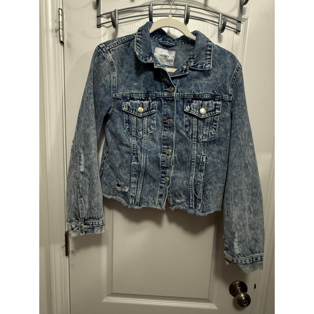 Vervet Los Angeles‎ Classic Crop Fit Denim Jacket Acid Wash Distressed Size S